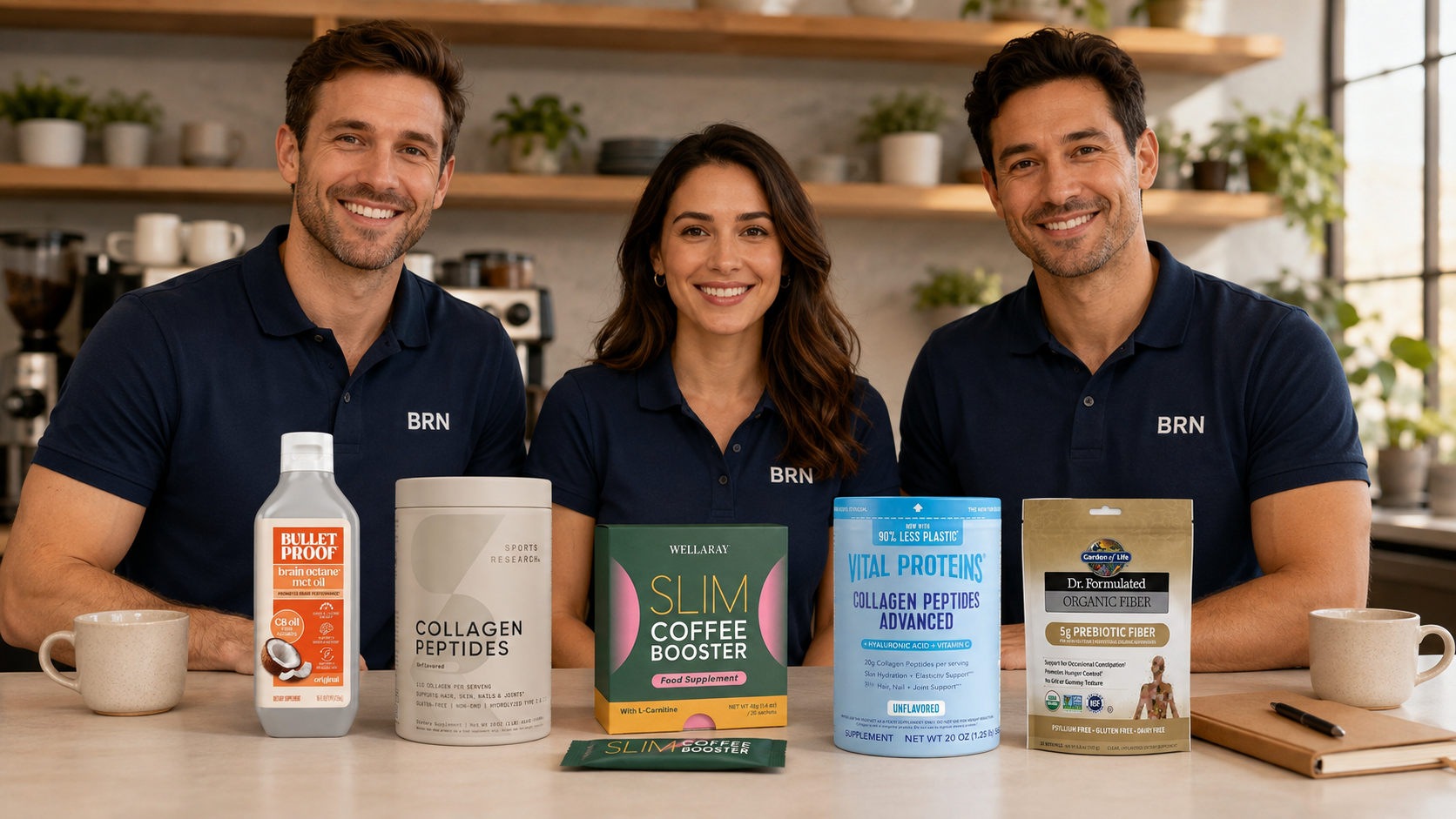AI-generated BRN coffee review team illustration with the five compared products; not actual staff or a documented test